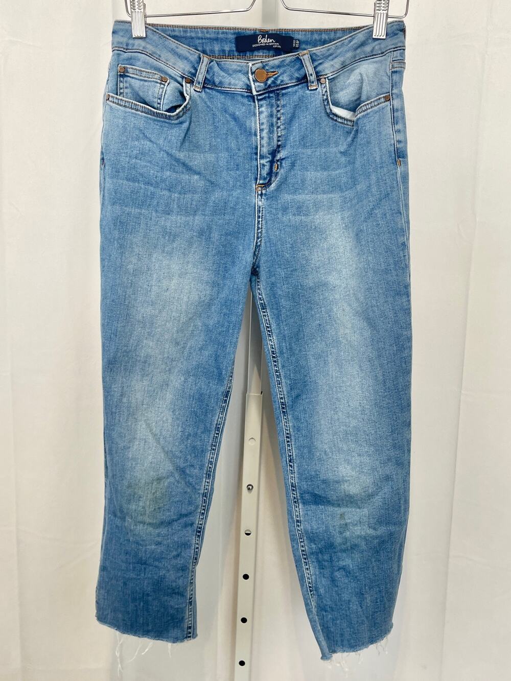 BODEN Side Split Cut Off Crop Jeans Zip Fly Medium Wash Blue UK 12P US 8P Petite